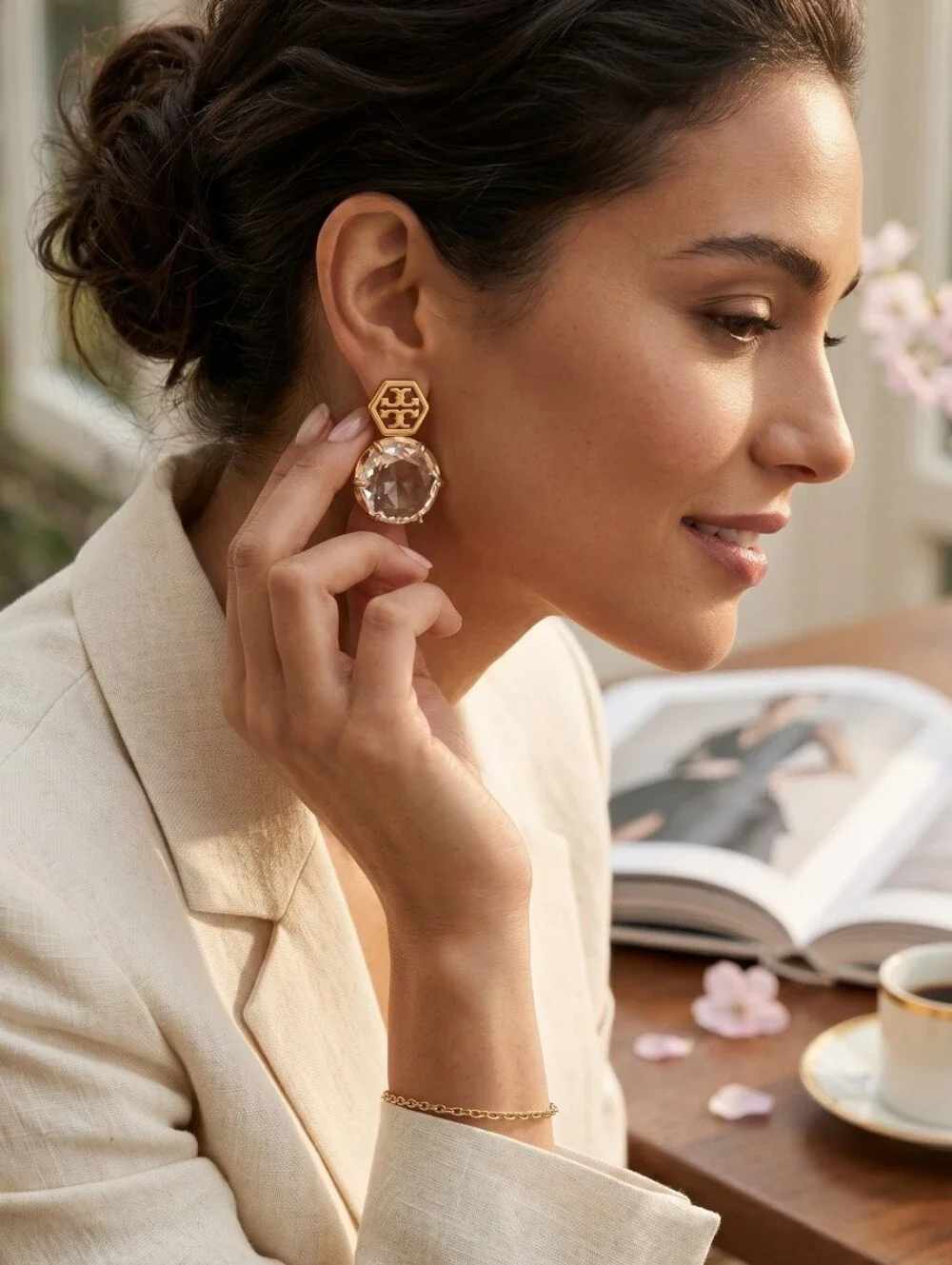 Tory Burch Gold-Tone Crystal Clear Hexagon Logo Drop Earrings